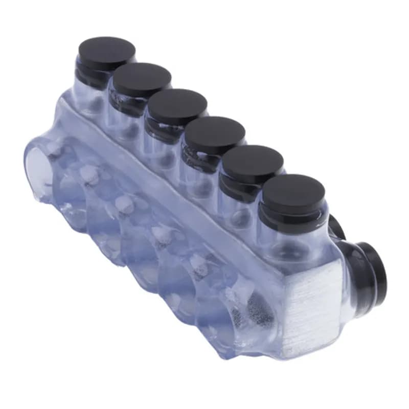 NSI Industries IPLD2/0-6CB - The Polaris IPLD2/0-6CB Multi-Tap Dual-Sided Entry Vision Tap Connector features 6 ports sized for 2/0 AWG - 14 AWG wires. The clear body allows users to see their conductor placement and is wrapped in a layer of plastisol insulation. Each dual-sided port is pre-loaded with an oxide inhibitor, with removable access plugs over the hex screws used to tighten the connections. Installs with a hex key and torque wrench, without any tape or additional supplies. Designed for use in a wide range of splicing applications, including installation in cable trays, panel boards, ducts, raceways or troughs.