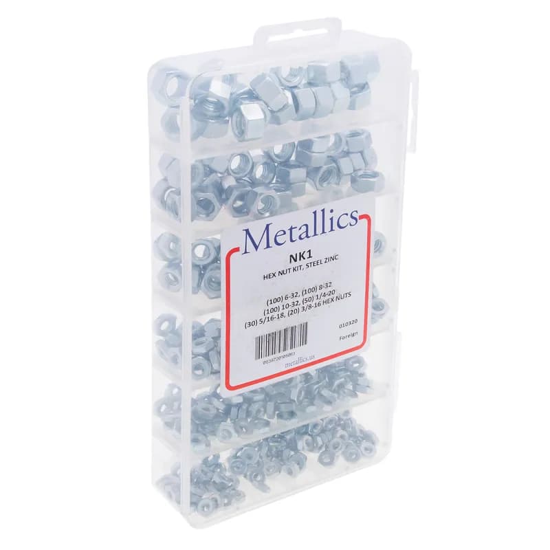 Hexagon Nut Kit, Steel construction, Zinc Chromate finish, #6-32, #8-32, #10-32, 1/4-20 IN, 5/16 - 18 IN, 3/8 -16 in. Size, 400 Pieces, (100)#6-32 Hexagon Nut, (100)#8-32 Hexagon Nut, (100)#10-32 Hexagon Nut, (50)-1/4 x 20 in. Hexagon Nut, (30) 5/16 - 18 in. Hexagon Nut, (20) 3/8 - 16 in.