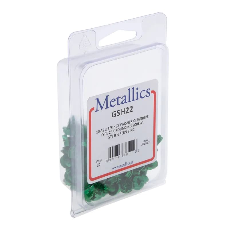 Grounding Screw, 3/8 in. length, Green, Steel material, Threaded mounting, Zinc Chromate finish, Hex Washer head, #10-32 thread size, Slotted drive type, 100 per pack