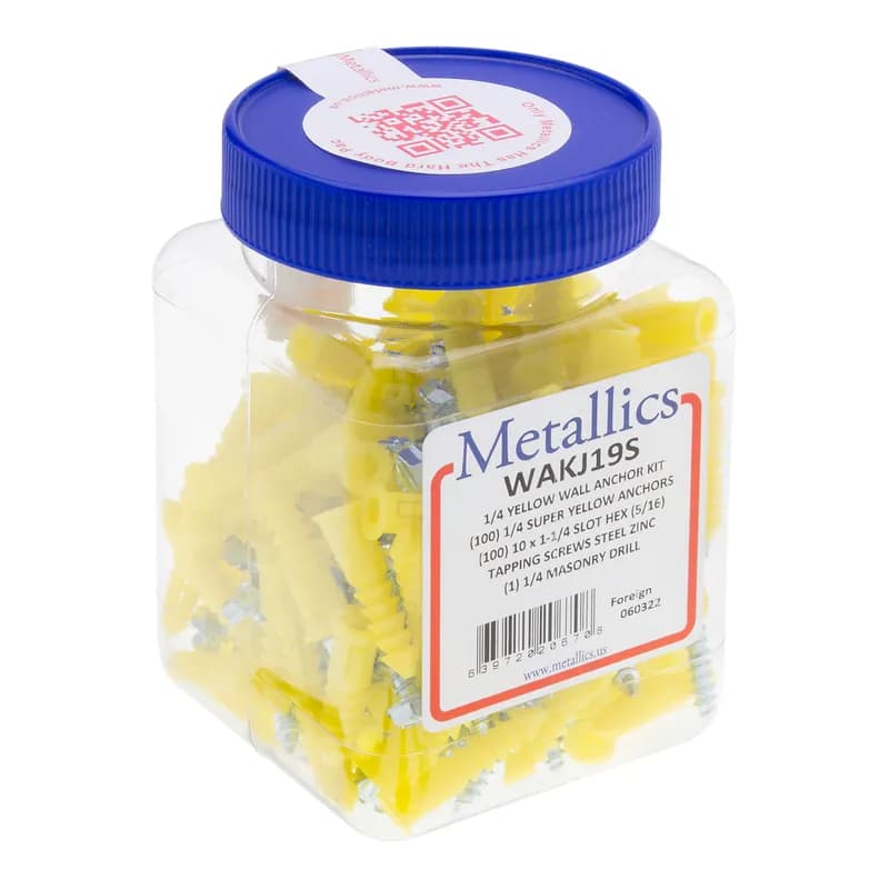NSI Industries WAKJ19S - Wall Anchor Kit (Jar), 1/4 in. Size, 201 piece(s), Plastic, Super Yellow, including a(n) (100) #10 x 1-1/4 in. with 5/16 in. Hex Head Screws and (100) 1/4 in. Super Yellow Plastic Anchors and (1) 1/4 in. Masonry Drill