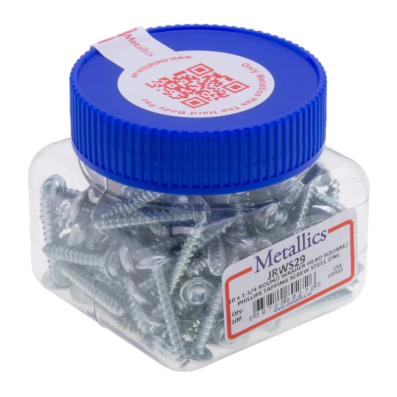 Tapping Screw, Steel material, #10 Size, 1-1/4 in. length, Round Washer head, Zinc Chromate finish, Square/Phillips drive type, 100 per pack
