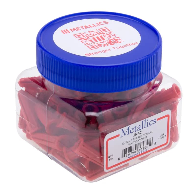 Conical Plastic Anchor, #10-12 Size, 1 in. length, 1/4 in. hole size, Red, 100 per pack