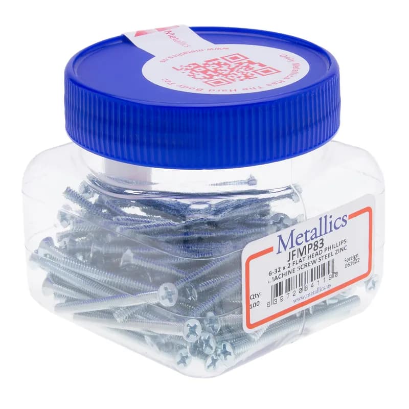 Machine Screw, Steel material, #6-32 Size, 2 in. length, Flat head, Zinc Chromate finish, Phillips drive type, 100 per pack