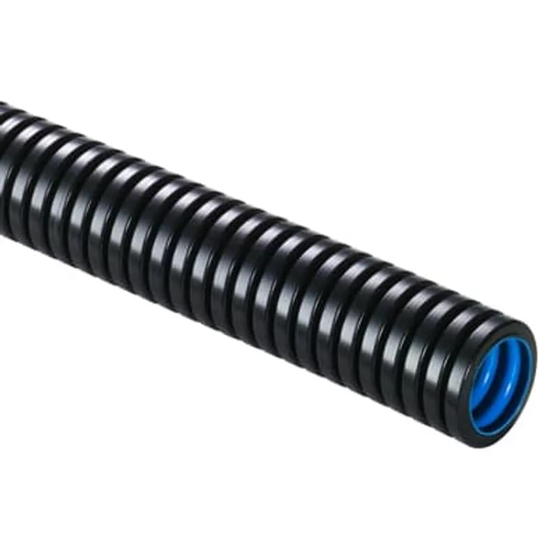 Coarse Profile Three Layer Corrugated Medium-Wall Highly Flexible Conduit, (XPCL) Material - Outer Layer - Polyamide 6, Intermediate Layer - Bonding Compound, Inner Layer - Polyethylene Color - Outer Layer - Black, Inner Layer - Blue, Conduit Size NW - 23, 50 Meters