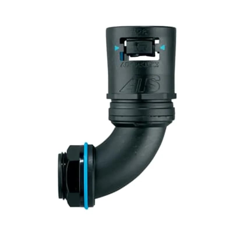 Adaptalok ATS, 90 Degree Conduit Fitting, Fixed External Male Thread, Nominal Conduit Size 13mm, M16 Thread, Polyamide (Nylon) 66/TPE, Black with Blue Elastomer