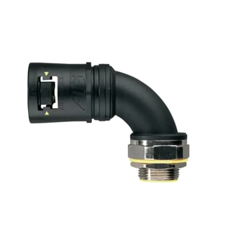 Adaptalok ATS, 90 Degree Conduit Fitting, Swivel External Male Thread, Nominal Conduit Size 34mm, M32 Thread, Polyamide (Nylon) 66, Nickel Plated Brass Thread/TPE, Black with Yellow Elastomer