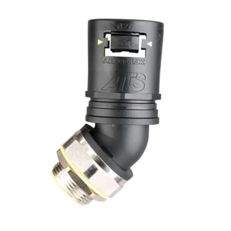 Adaptalok ATS, 45 Degree Conduit Fitting, Swivel External Male Thread, Nominal Conduit Size 28mm, M25 Thread, Polyamide (Nylon) 66, Nickel Plated Brass Thread/TPE, Black with Yellow Elastomer