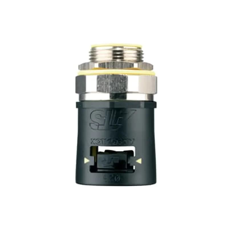 Adaptalok ATS, Straight Conduit Fitting, Swivel External Male Thread, Nominal Conduit Size 34mm, M32 Thread, Polyamide (Nylon) 66, Nickel Plated Brass Thread/TPE, Black with Yellow Elastomer