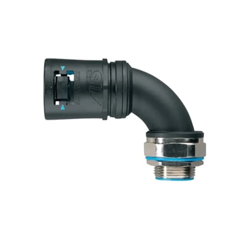 Adaptalok ATS, 90 Degree Conduit Fitting, Swivel External Male Thread, Nominal Conduit Size 21mm, 1/2 Inch NPT Thread, Polyamide (Nylon) 66, Nickel Plated Brass Thread/TPE, Grey with Blue Elastomer