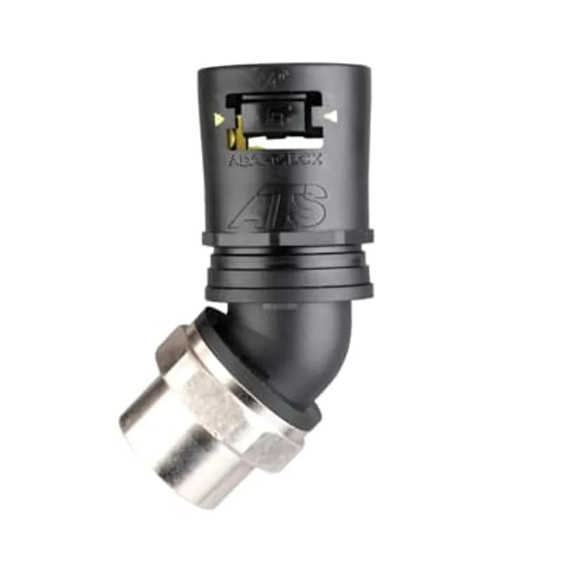 Adaptalok ATS, 45 Degree Conduit Fitting, Swivel Internal Female Thread, Nominal Conduit Size 21mm, M20 Thread, Polyamide (Nylon) 66, Nickel Plated Brass Thread/TPE, Black with Yellow Elastomer