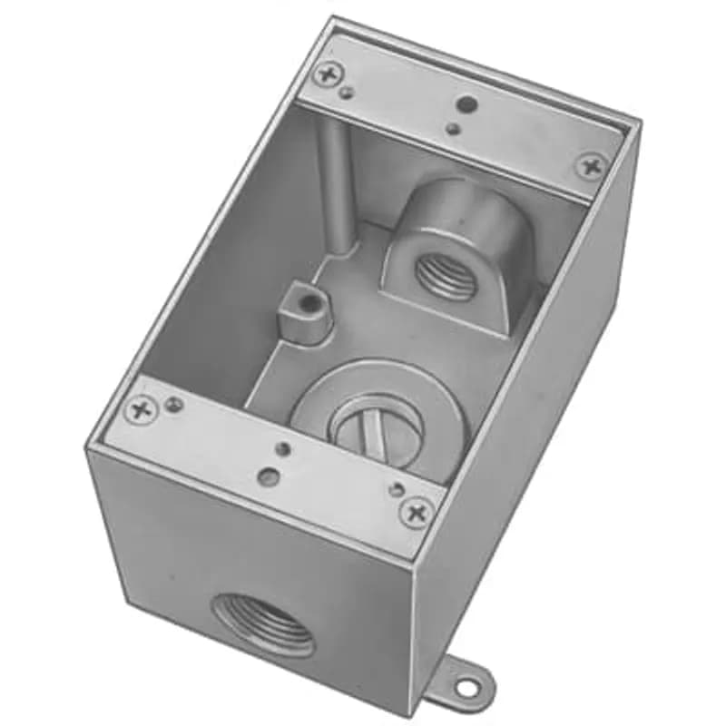 ABB - Installation Products IH3-2-LM - Single Gang Universal Weatherproof Box, 18.3 Cubic Inches, Hub Size 3/4 Inch, Silver, Aluminum, 3 Outlets, One on Top, Bottom, and Back, with Mounting Lugs