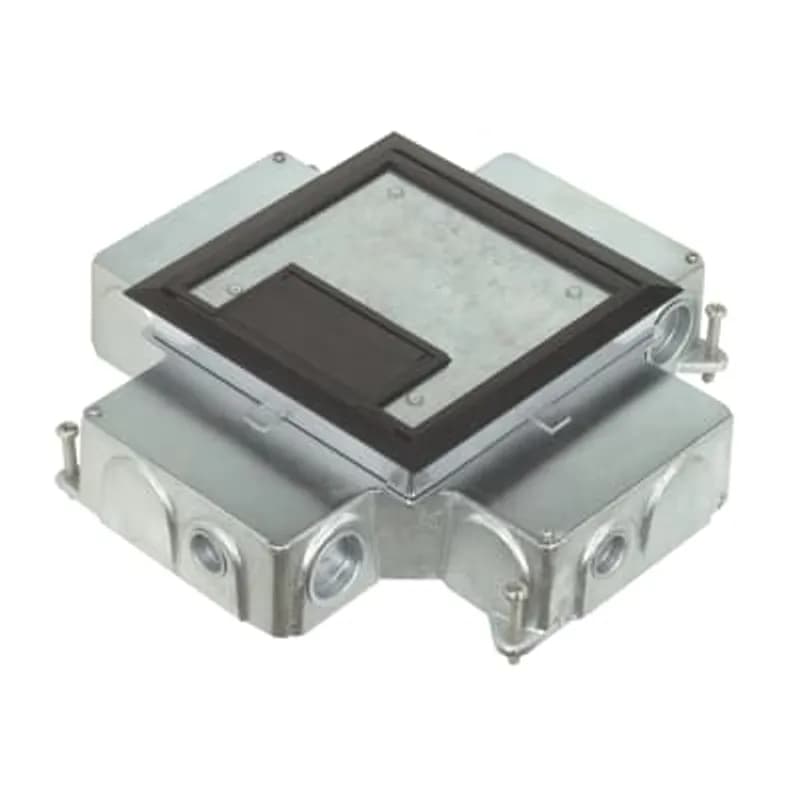 Four Gang Recessed Service Floor Box, 126 Cubic Inches for Device Access and 45 Cubic Inches for Device Compartments, Length 14.81 Inches, Width 14.81 Inches, Depth 3-5/8 Inches, Compartment Size Length 5-3/4 Inches Width 3-1/2 and 2-1/4 Inches and Depth 3-3/8 Inches, 3/4 Inch and 1-1/4 Inch Threaded Conduit Openings, Cast Iron, Delivers Power, Communications and Data from Standard Conduit with No Exposed Service Fittings