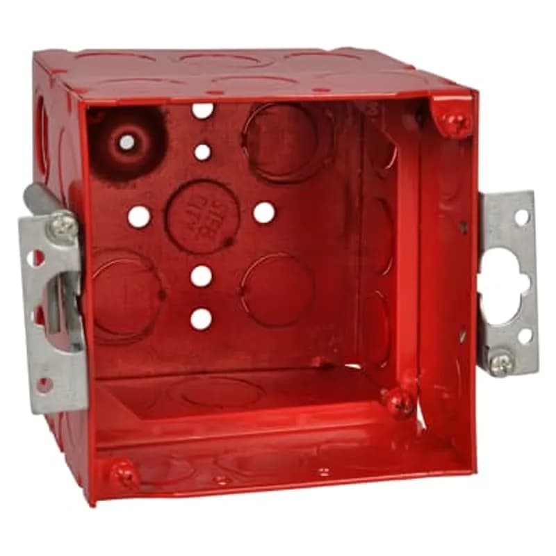 Square Box, 51.3 Cubic Inches, 4 Inch Square x 2-1/8 Inches Deep with 1-1/2 Inch Deep Extension Ring, 1/2 Inch and 3/4 Inch Knockouts, Red, Pre-Galvanized Steel, Welded Construction, with Old Work Mounting Ears, For use with Conduit