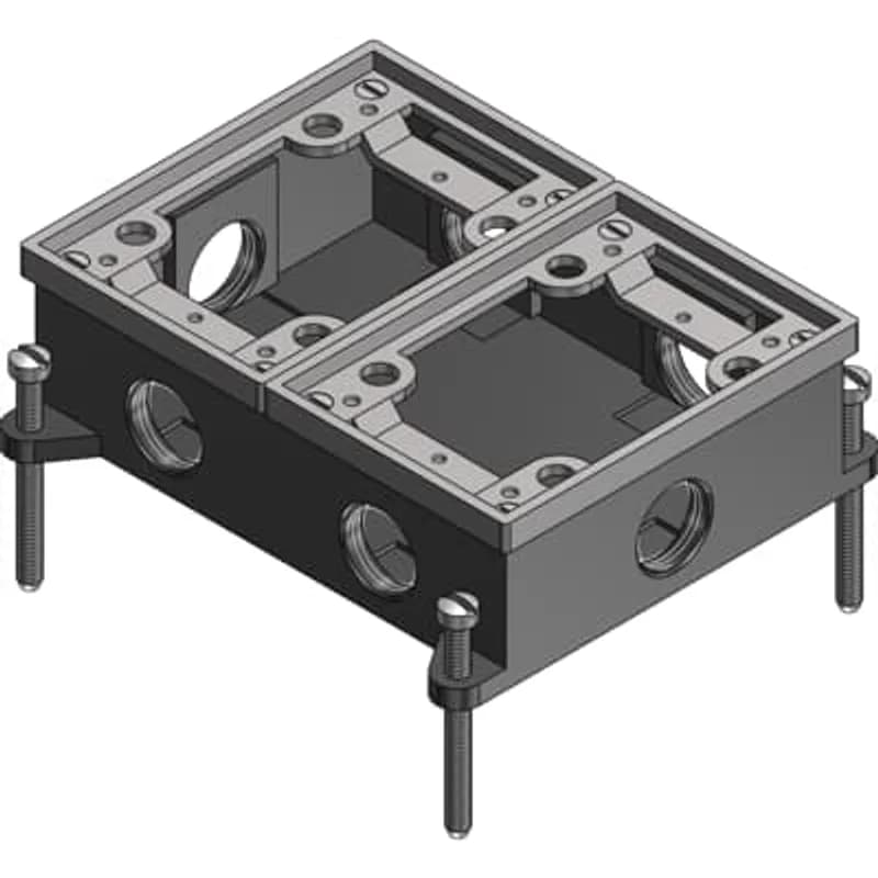 Two Gang Flush Service Floor Box, 33 Cubic Inches, Length 5-1/2 Inches, Width 7 Inches, Depth 2 Inches, 3/4 Inch Conduit Hubs, Cast Iron with Aluminum Trim, For Power, Communications, and Data