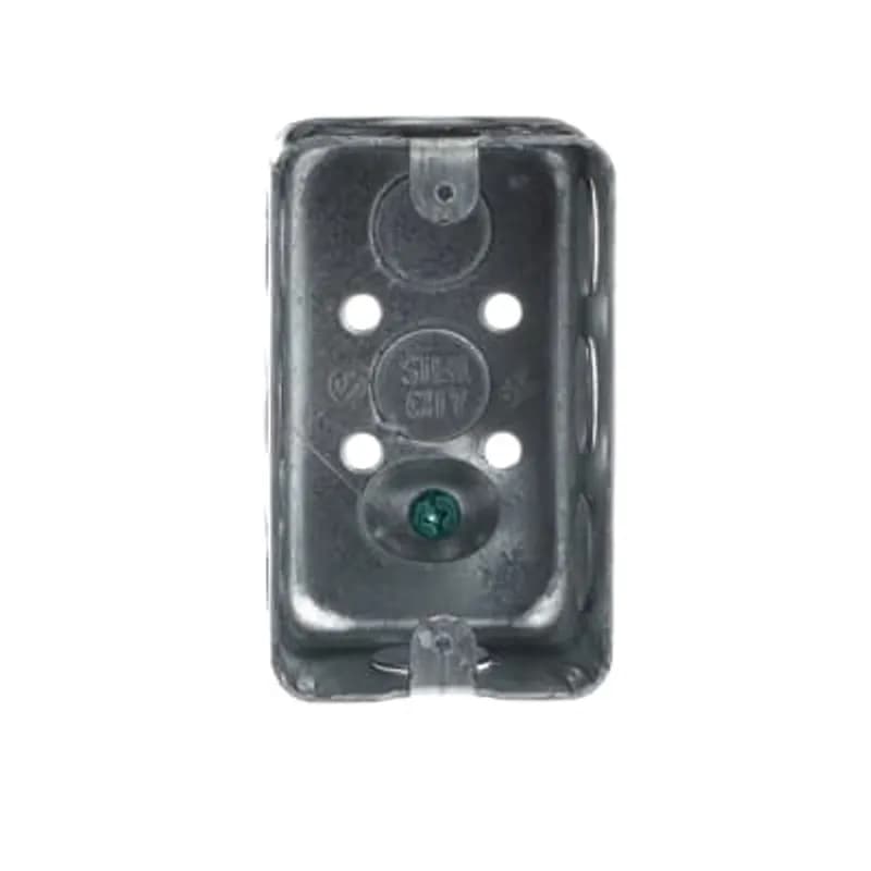 Single Gang Utility Box, 17 Cubic Inches, 4-1/8 Inches Long x 2-1/2 Inch Wide x 1-15/16 Inch Deep, 1/2 Inch Knockouts, Pre-Galvanized Steel, Drawn Construction, Factory-Provided Raised Ground Screw Location, with Ground Screw, For use with Conduit