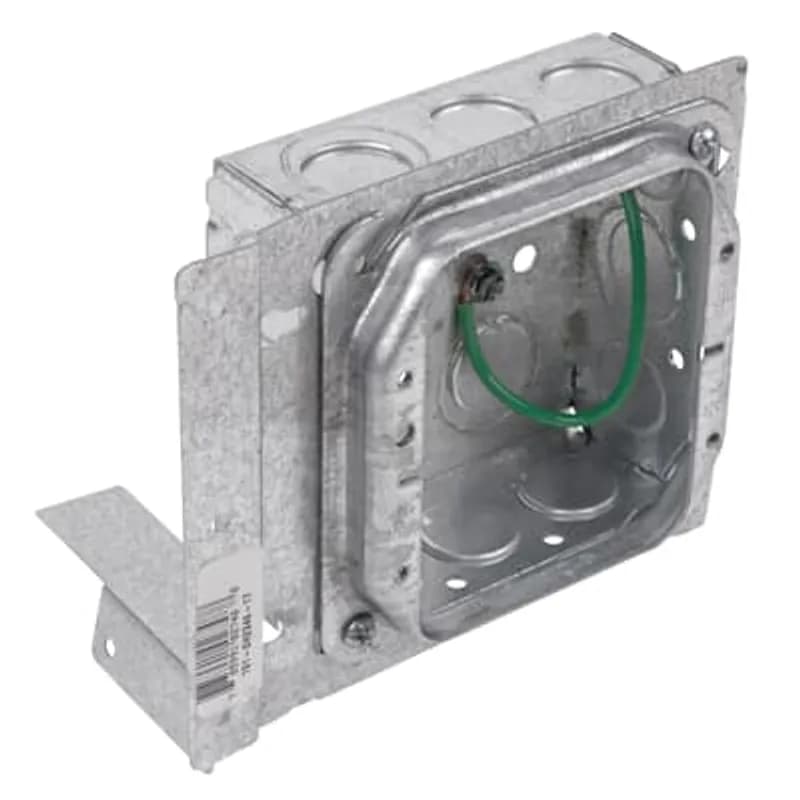 ABB - Installation Products 151-SH2346-17 - Pre-Fabricated, Two Gang Outlet Box, 21 Cubic Inches, 4 Inch Square x 1-1/2 Inch Deep, 1/2 and 3/4 Inch Eccentric Knockouts, Galvanized Steel, 1/2 Inch Raised Box Cover, with 10-1/2 Inch Grounding #12 AWG Solid Ground Wire Pigtail and Box to Stud Bracket, For Use with Conduit