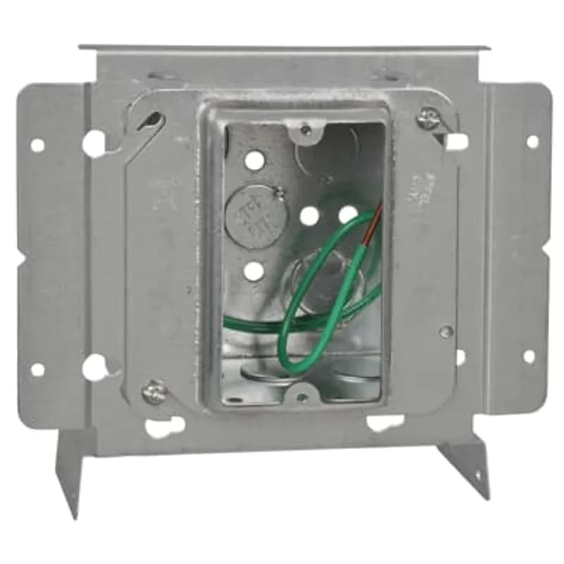 Pre-Fabricated, Single Gang Outlet Box, 30.3 Cubic Inches, 4 Inch Square x 2-1/8 Inch Deep, 1/2 and 3/4 Inch Eccentric Knockouts, 1-1/4 Inch Raised Box Cover, with Grounding #12 AWG Solid Ground Wire Pigtail and Box to Stud Bracket, For Use with Conduit