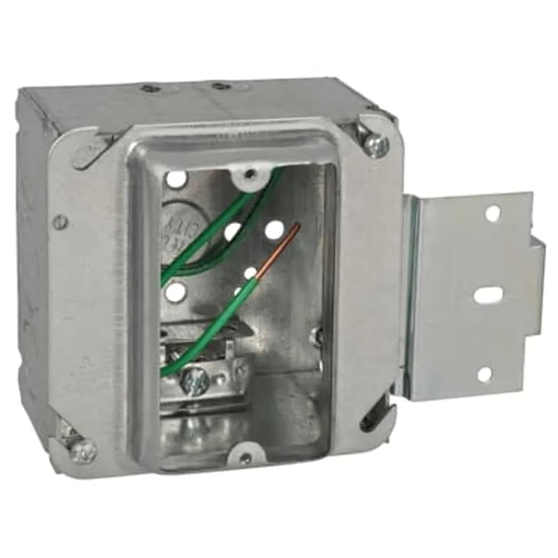 Pre-Fabricated, Single Gang Outlet Box, 30.3 Cubic Inches, 4 Inch Square x 2-1/8 Inch Deep, 1/2 Inch Eccentric Knockouts, 1/2 Inch Raised Box Cover, with Grounding #12 AWG Solid Ground Wire Pigtail and Metal Stud Bracket and C-3 Armored Cable Clamp