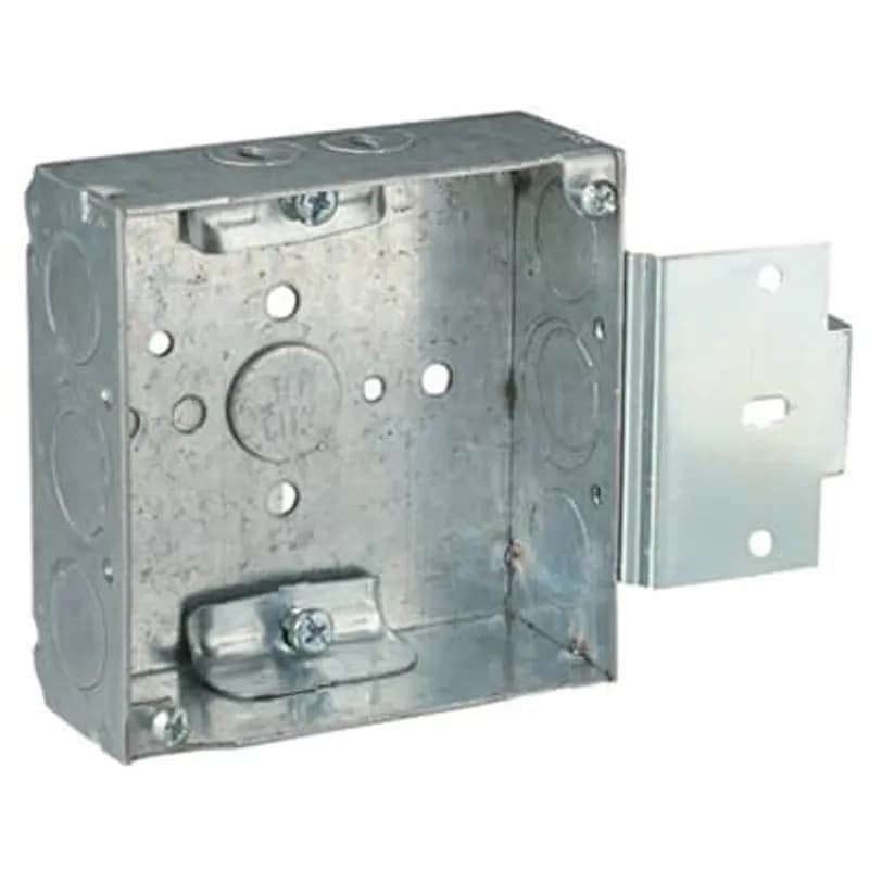 Square Box, 21 Cubic Inches, 4 Inch Square x 1-1/2 Inch Deep, 1/2 Inch and 3/4 Inch Eccentric Knockouts, Pre-Galvanized Steel, Welded Construction, MS Bracket and #12 AWG Solid Ground Wire Pigtail, for use with Conduit