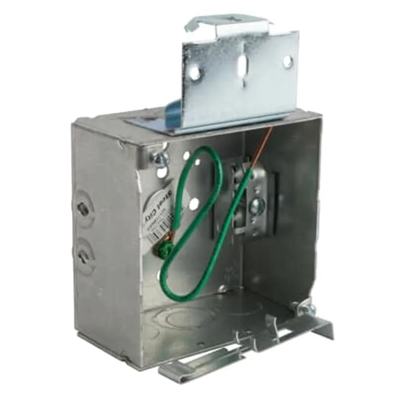 Square Box, 30.3 Cubic Inches, 4 Inch Square x 2-1/8 Inch Deep, 1/2 Inch and 3/4 Inch Eccentric Knockouts, Pre-Galvanized Steel, Welded Construction, Metal Stud Bracket, 10-1/2 Inch #12 AWG Solid Ground Wire Pigtail, and Armored Cable Clamp (C-3), For use with armored/metal clad cable.