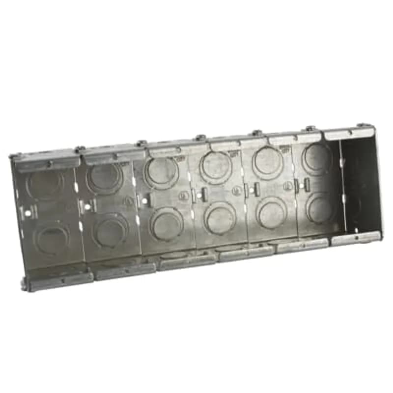 Gangable Masonry Box, 94.8 Cubic Inches, 3-3/4 Inches Long x 11 Inches Wide x 2-1/2 Inches Deep, 1/2 Inch and 3/4 Inch Knockouts, Pre-Galvanized Steel, For use with Conduit