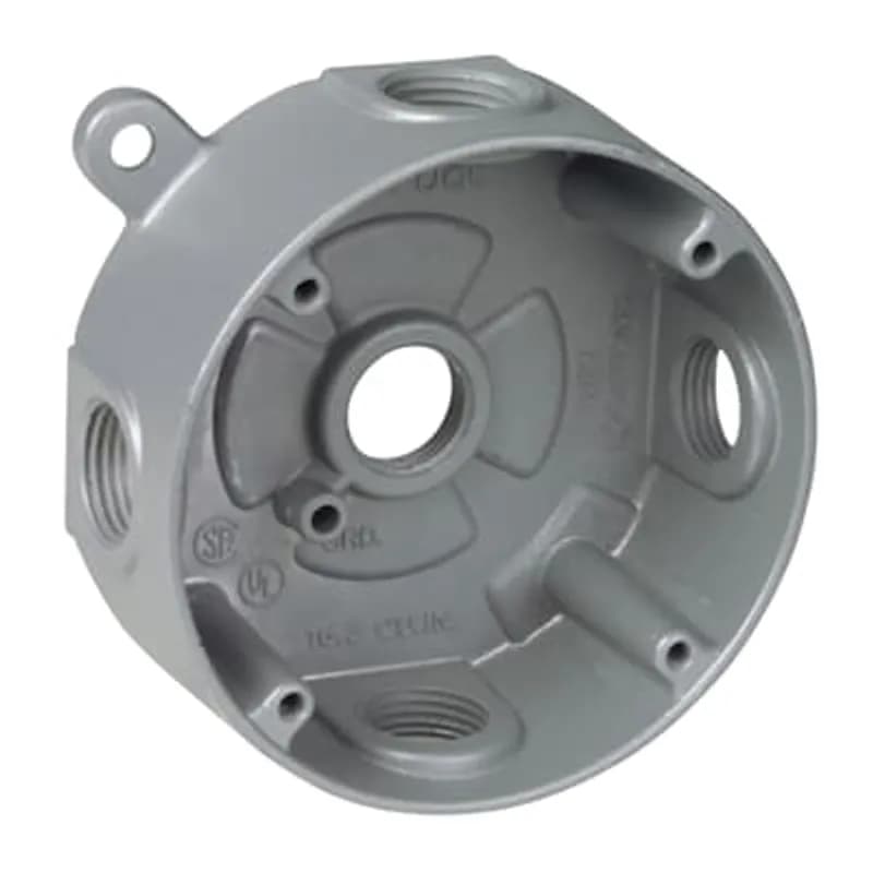 ABB - Installation Products DS-47 - Round Outlet Box, 17 Cubic Inches, 4-1/8 Inch Diameter, Hub Size 1/2 Inch, Silver, Aluminum, with 5 Outlets, Four on the Sides and One in Back, Pack of 8