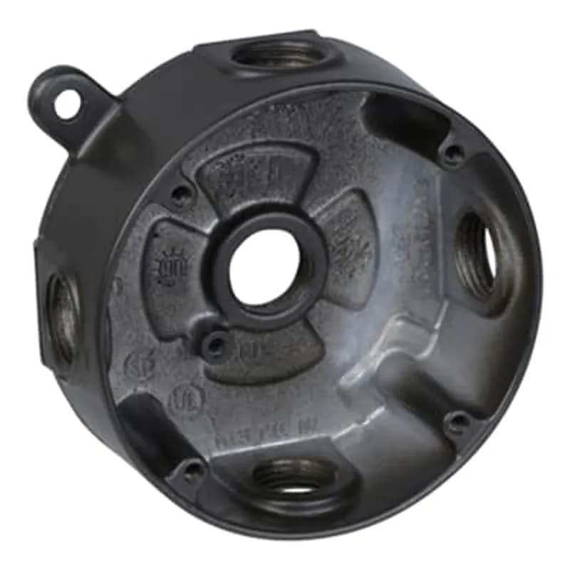 ABB - Installation Products DS-47-BR - Round Outlet Box, 16.3 Cubic Inches, 4-1/8 Inch Diameter, Hub Size 1/2 Inch, Bronze, Aluminum, with 5 Outlets, Four on the Sides and One in Back, Pack of 8