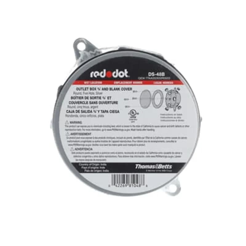 ABB - Installation Products DS-48B - Round Outlet Box, 16 Cubic Inches, 4-1/8 Inch Diameter, Hub Size 3/4 Inch, Silver, Aluminum, with 5 Outlets, Four on the Sides and One in Back, and Blank Cover
