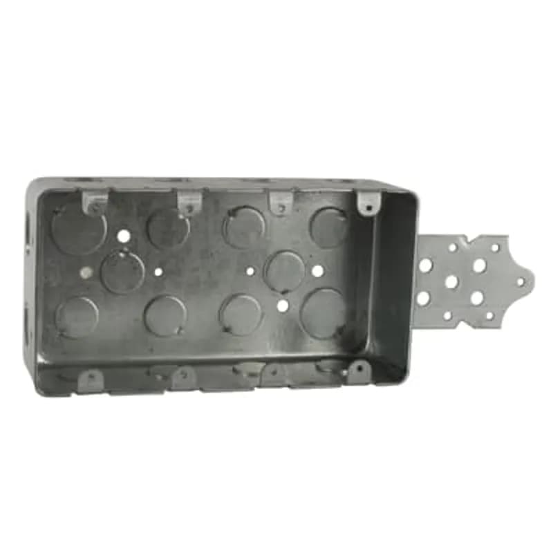 Three Gang Drawn Style Device Box, 58 Cubic Inches, 7-5/8 Inches Long x 4 Inches Wide x 2-1/8 Inches Deep, Drawn Construction with 1/2 Inch Knockouts, with B Brackets, For use with Conduit