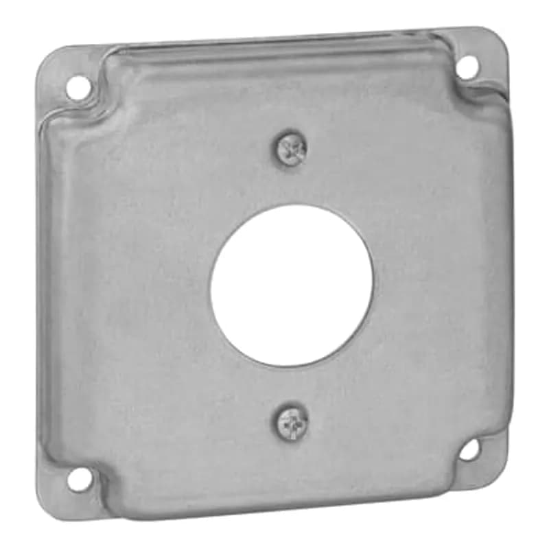Square Box Surface Cover, 5 Cubic Inches, 4 Inch Square x 1/2 Inch Deep, 1-13/32 Inch Diameter Hole, Galvanized Steel, For use with One Single Flush Receptacle