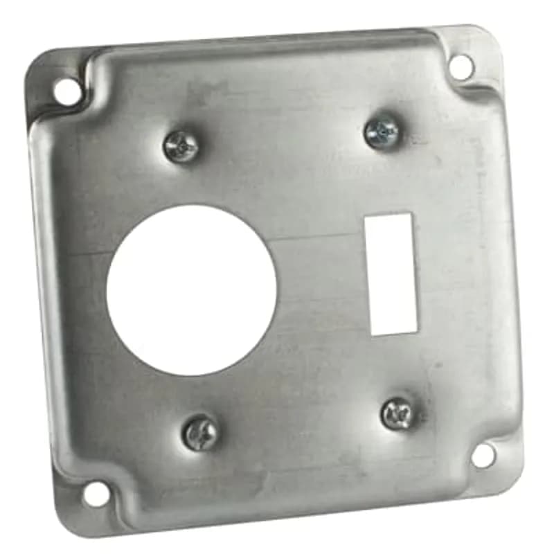 Square Box Surface Cover, 5 Cubic Inches, 4 Inch Square x 1/2 Inch Deep, 1-13/32 Inch Diameter Hole, Galvanized Steel, For use with One Toggle Switch and One Single Receptacle