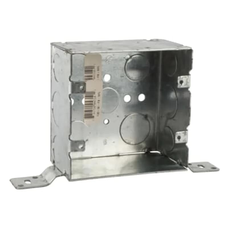 Two Gang Device Box, 30.3 Cubic Inches, 4 Inch Square x 2-1/8 Inch Deep, 1/2 and 3/4 Inch Knockouts, Galvanized Steel, Welded Construction, with Flat Bracket Offset 9/16 Inch from Face, For Use with Conduit