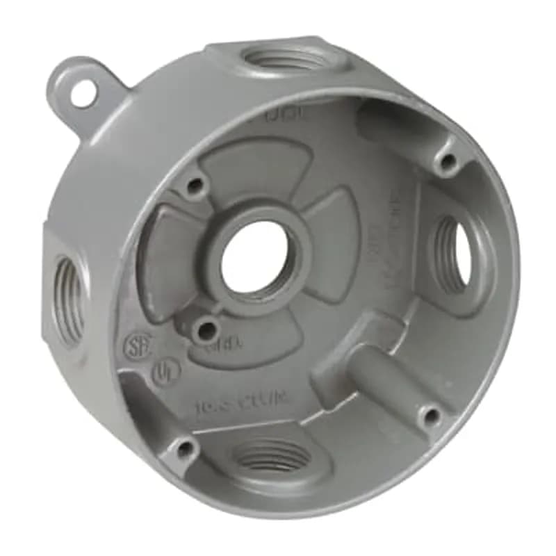 ABB - Installation Products S110E - Round Outlet Box, 17 Cubic Inches, 4-1/8 Inch Diameter, Hub Size 1/2 Inch, Silver, Aluminum, with 5 Outlets, Four on the Sides and One in Back, Pack of 16