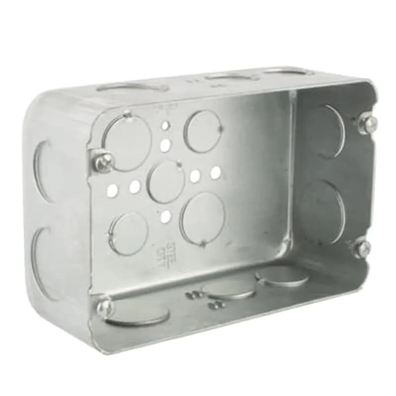 Two Gang Drawn-Style Gang Box, 71 Cubic Inches, 6-13/16 Inches Long x 4-1/2 Inches Tall x 2-1/2 Inches Deep, 3/4 Inch and 1 Inch Knockouts, Pre-Galvanized Steel, Drawn Construction, For use with Conduit