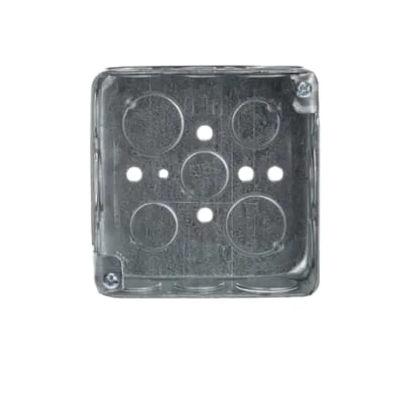 Square Box, 21 Cubic Inches, 4 Inch Square x 1-1/2 Inch Deep, 1/2 Inch and 3/4 Inch Knockouts, Pre-Galvanized Steel, For use with Conduit