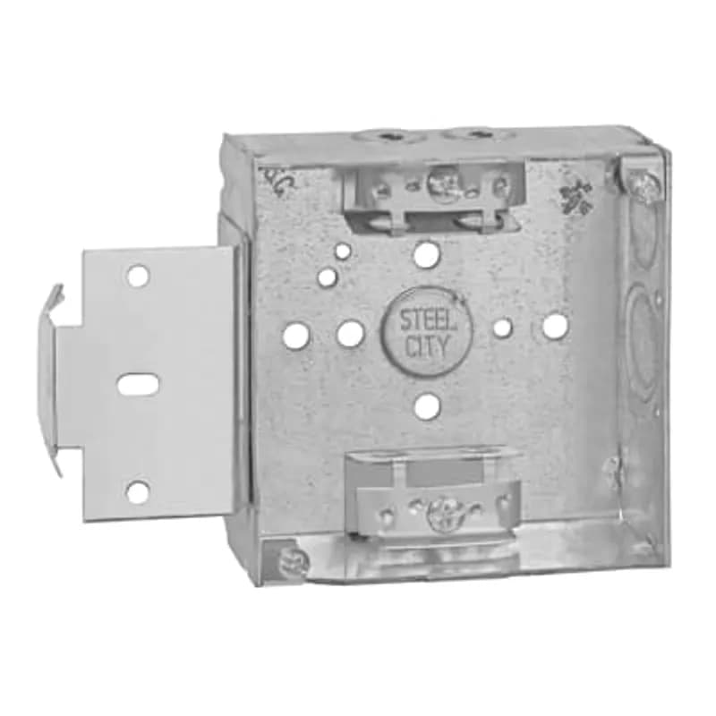 Square Box, 21 Cubic Inches, 4 Inch Square x 1-1/2 Inch Deep, 1/2 Inch and 3/4 Inch Eccentric Knockouts, Pre-Galvanized Steel, MS Bracket and Armored Cable Clamp (C-3), For Use with Armored/Metal Clad Cable