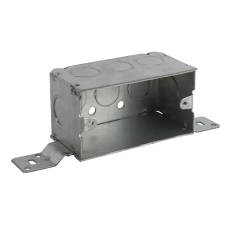 Single Gang Device Box, 15.6 Cubic Inches, 4 Inches Long x 2-1/8 Inches Wide x 2-1/8 Inches Deep, 1/2 Inch Knockouts, Galvanized Steel, Welded Construction, with Flat Bracket on One Side Offset 9/16 Inch from Face, For Use with Conduit