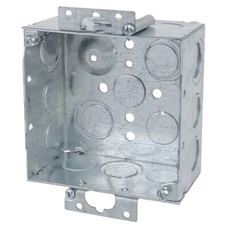 Square Box, 30.3 Cubic Inches, 4 Inch Square x 2-1/8 Inches Deep, 1/2 Inch and 3/4 Inch Knockouts, Pre-Galvanized Steel, Welded Construction, Old Work Ears, For use with Conduit