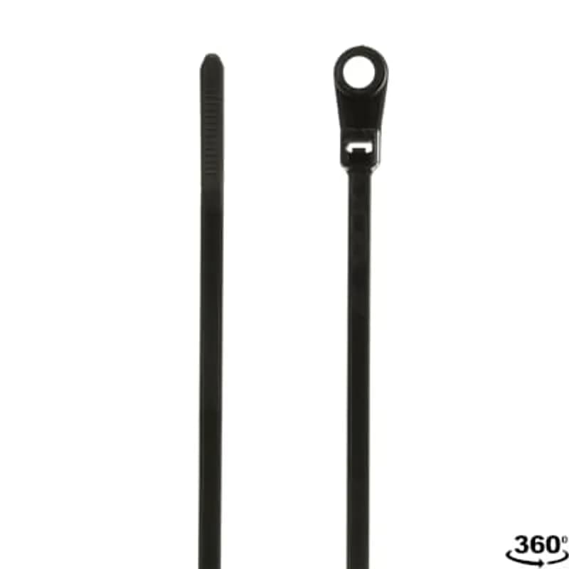 Intermediate, Integrated Mounting Hole Cable Tie, Black Polyamide (Nylon 6.6) for Temperatures up to 85 Degrees Celsius (185 F) for Indoor Applications, Length of 137.76mm (5.42 Inches), Width of 3.63mm (0.143 Inches), Thickness of 1.21mm (0.048 Inches), Tensile Strength Rating of 133 Newtons (30 Pounds), #8 Screw for Mounting