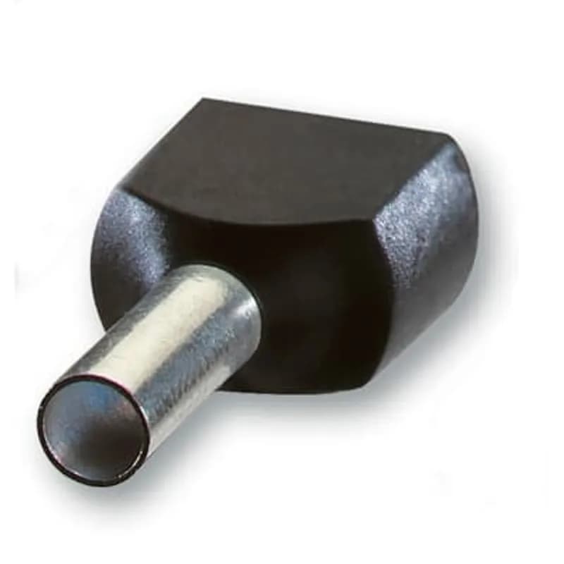 Polypropylene Insulated Twin Ferrule, Length .630 Inches/16mm, Pin Length .315 Inches/8mm, Pin Diameter .091 Inches/2.3mm, Base Diameter .252 Inches/6.4mm, Conductor Range 2x16 AWG/2x1.50mm2, Color Black, Copper, Tin Plated