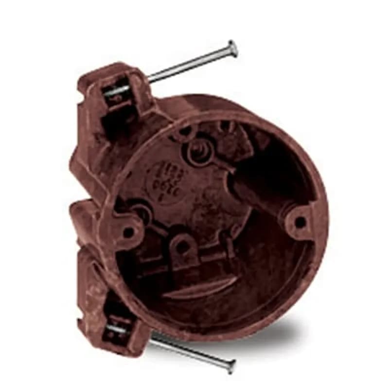 Round Ceiling/Fixture Nail-On Outlet Box, Volume 22.8 Inches, Diameter 3-1/2 Inches, Depth 3-1/4 Inches, Color Brown, Material Phenolic, Mounting Means Compound Angled Nails, with #36 Clamps