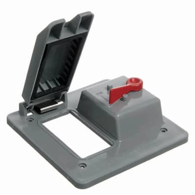 Two Gang Weatherproof Vertical Mount Box Cover, One Toggle Switch and One GFCI Receptacle, Length 4.82 Inches, Width 4.82 Inches, Depth 1.82 Inches, Material Polycarbonate, Color Gray