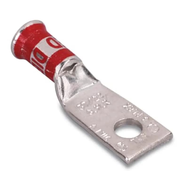 Copper One-Hole Lug, Standard Barrel - Bell Shaped End, Peep Hole, Tongue Length 23/32 Inches, Max 35kV, Wire Size 1/0 AWG, 5/16 Inch Bolt Size, Tin Plated, Die Code 42, Die Color Code Pink