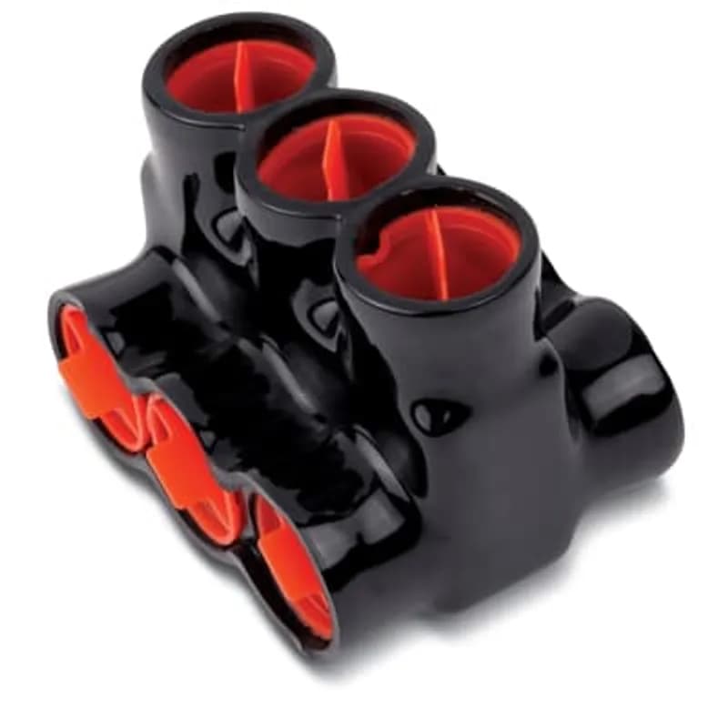 ABB - Installation Products AMTD7502503 - AMT 3 Multi-Port Both Sides PVC Connector, Ultraviolet Resistant, Wire Range 750-250 kcmil, Length 4.40 Inches, Width 3.13 Inches, Height 2.38 Inches, Hex Size 3/8 Inch, Black Insulation