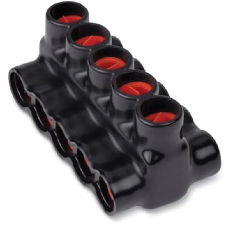 ABB - Installation Products AMTD7502505 - AMT 5 Multi-Port Both Sides PVC Connector, Ultraviolet Resistant, Wire Range 750-250 kcmil, Length 7.21 Inches, Width 3.13 Inches, Height 2.38 Inches, Hex Size 3/8 Inch, Black Insulation
