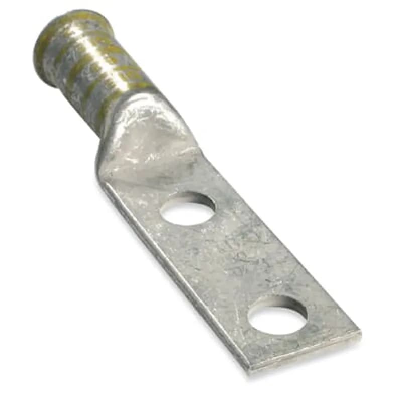 Copper Two-Hole Lug, Long Barrel - Bell Shaped End, Blind End, Max 35kV, Wire Size 250 kcmil, 1/2 Inch Bolt Size, 1-3/4 Inch Hole Spacing, Tin Plated, Die Code 62, Die Color Code Yellow