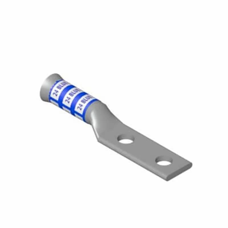 Copper One-Hole Lug, Long Barrel - Bell Shaped End, Blind End, Max 35kV, Wire Size 2/0 AWG, 3/8 Inch Bolt Size, Tin Plated, Die Code 45, Die Color Code Black
