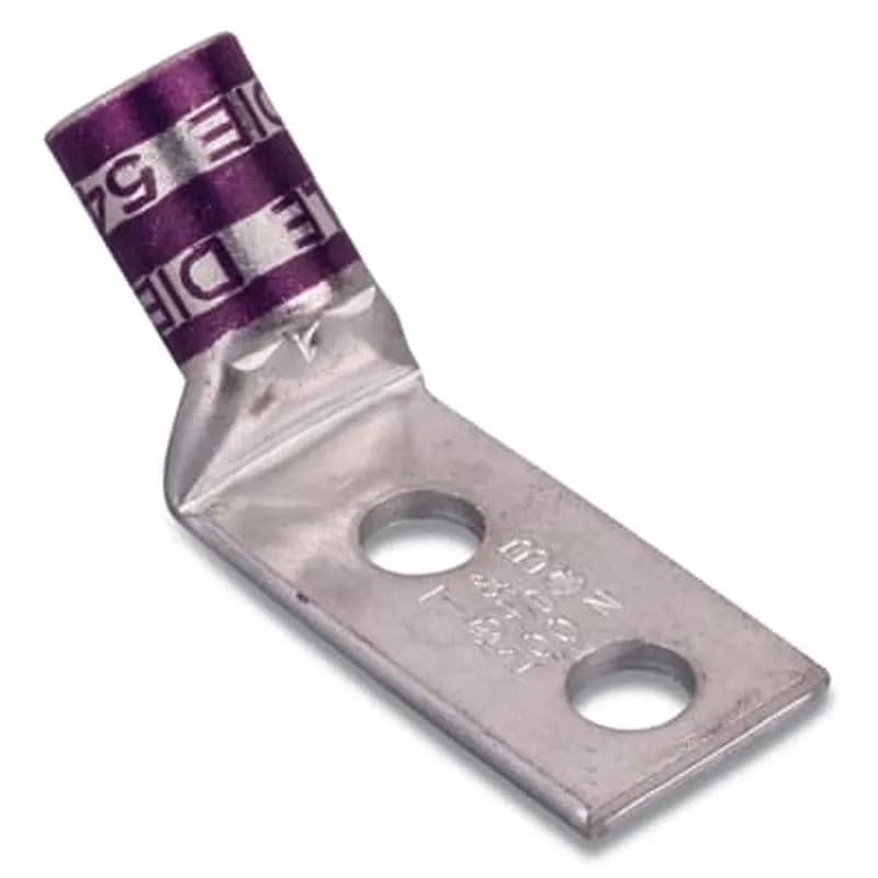Copper Two-Hole Lug, 45 Degree Bend Standard Barrel, Peep Hole, Bend, 3/8 Inch hole, 1 Inch Spacing, Wire Size #1 AWG, Die Code 37, Die Color Code Green