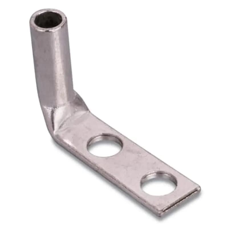 Copper Two-Hole Lug, 90 Degree Bend Long Barrel, Blind End, Max 35kV, Wire Size #2-#3 AWG, 1/2 Inch Bolt Size, 1-3/4 Inch Hole Spacing, Tin Plated, Die Code 33, Die Color Code Brown