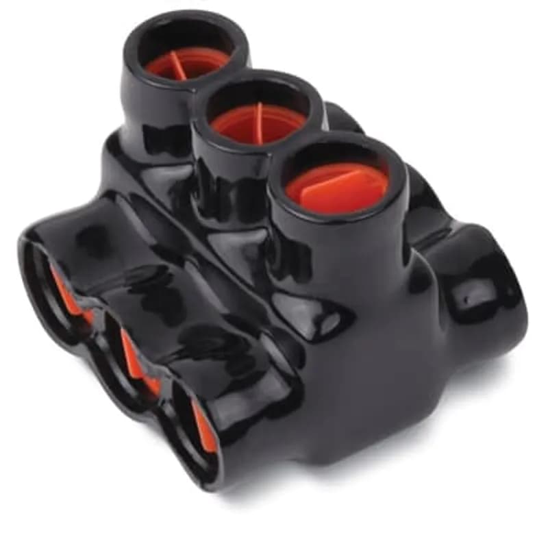 ABB - Installation Products AMTD25063 - AMT 3 Multi-Port Both Sides PVC Connector, Ultraviolet Resistant, Wire Range 250 kcmil-6 Str, Length 3.09 Inches, Width 2.64 Inches, Height 2.13 Inches, Hex Size 5/16 Inch, Black Insulation